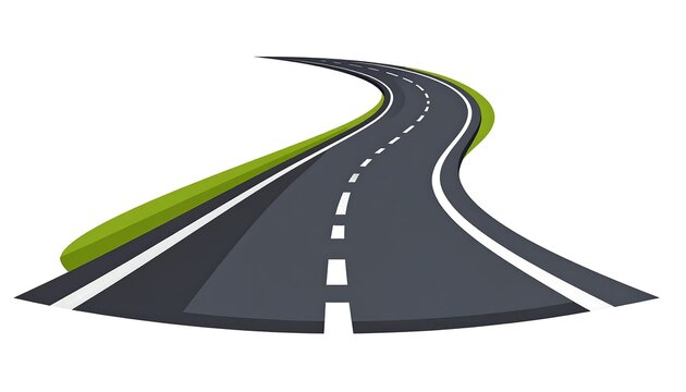 Curving dark gray road with green edge, white lines, in a cartoon style, winding path