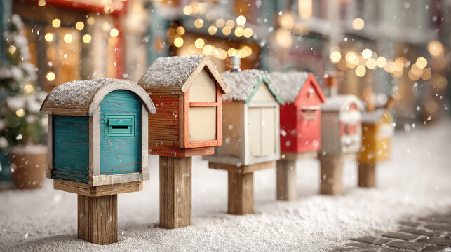 A Christmas card featuring a row of colorful wooden mailboxes on a snowy street awaiting gifts. A seasonal New Year's background, a winter street on Christmas Eve.