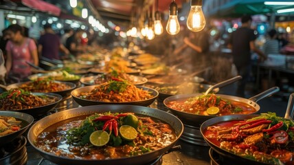 Bustling street food market with glowing wok dishes