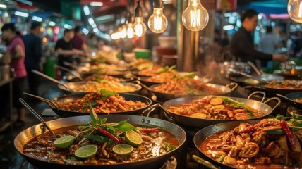 Bustling street food market with glowing wok dishes