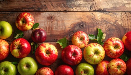 Assortment of Fresh Red and Green Apples Arranged on Rustic Wooden Surface with Green Leaves Soft Natural Lighting Casting Gentle Shadows