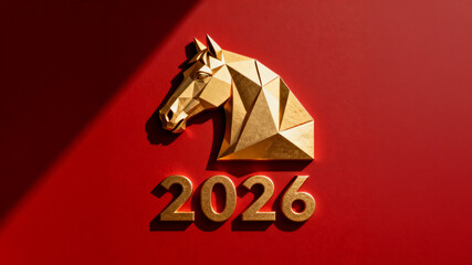 Golden Geometric Horse Head and 2026 on Red for New Year. Horse for Year 2026 Celebration