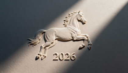 White Horse Emblem 2026 in Relief on a Sunlit Wall. Horse for Year 2026 Celebration