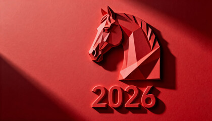 Red Geometric Horse Head for Year 2026 Celebration