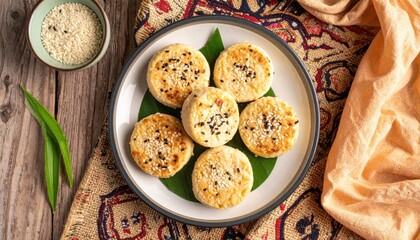 Bangladeshi Sandesh Sweets Molded Into Flower Shapes with Saffron Detail on a Plate with Sesame Seeds and Rustic Wooden Background
