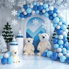 Winter Party Setup with Balloon Arch and Polar Bears