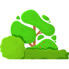 Vibrant Green Trees and Bushes With Red Berries In A Stylized Forest Setting On A White Background