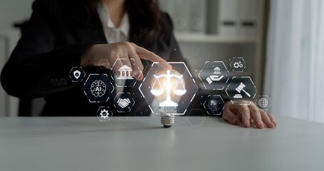 Futuristic digital law interface displaying justice scale, highlighting digital law, AI compliance,...