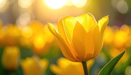 Close up of a bright yellow tulip with dew drops in a field of tulips during golden hour with soft bokeh background