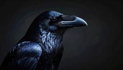 Close up of a black raven bird with detailed dark feathers covered in tiny white specks against a dark blurred background in a moody natural setting.
