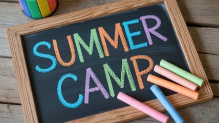 Summer camp written in colorful chalk on a blackboard