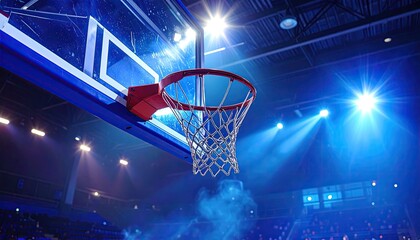 Close up of a Pixelated Basketball Hoop with Blue Stage Lights and Smoke in an Arena