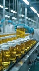 Close-up of gloved hand inspecting glass jar in lab