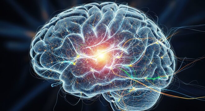 A transparent brain with a glowing yellow core, surrounded by intricate neural pathways and tendrils.
