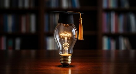 A light bulb with a graduation cap on it, emitting a warm glow.
