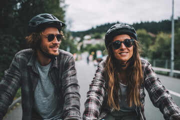 Smiling young couple cycling through a scenic small-town road in helmets and sunglasses — casual outdoor adventure and active lifestyle moment