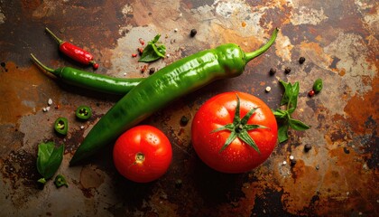 Fresh Red Tomato and Green Jalape?o Peppers on Rusted Metal Surface with Black Pepper and Mint Leaves Sprinkled Lightly Studio Light Food Photography