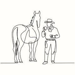 Continuous Line Drawing of a Cowboy with His Horse Enjoying a Coffee Break, Emphasizing Unity and Connection