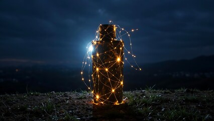 A glowing jar sits on a hill at night with magical light effects