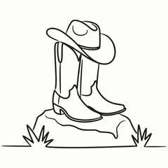 Line Art Western Cowboy Boots and Hat on Stone for Americana Celebration and Ranch Living