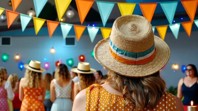 Vibrant summer festival celebration with colorful bunting and festive hats