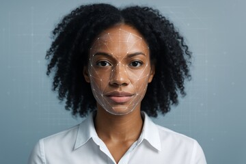 Facial recognition technology concept featuring biometric facial scan grid over woman’s face on digital interface background in futuristic style. Ai generative