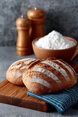 Freshly baked artisan bread loaves on wooden board with bowl of flour and salt grinders, rustic kitchen composition
