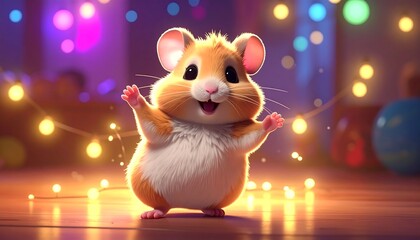 Cute, happy hamster with orange and white fur stands with its paws up against a bokeh light background