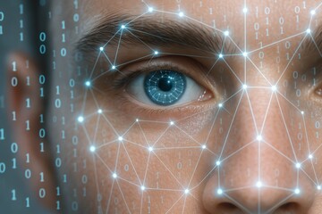 Close-up of human eye with digital biometric facial recognition mesh and binary code overlay illustrating cybersecurity and identity technology concept. Ai generative