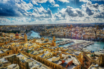 Aerial view of Valletta and the Three Cities harbor in Malta on a sunny day