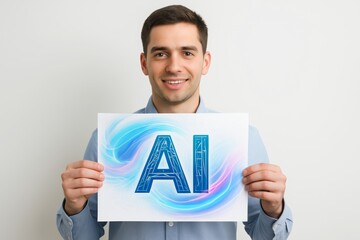 Smiling man holding AI concept sign with digital swirl design in blue and pink on white background symbolizing futuristic technology theme.. Ai generative