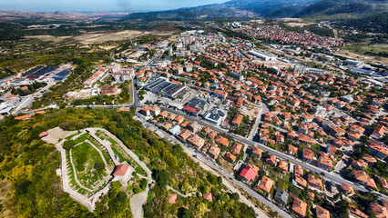 Aerial panoramic view of Peshtera town and Peristera Fortress, Bulgaria