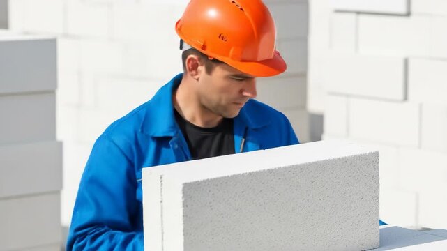 construction worker placing aerated concrete block