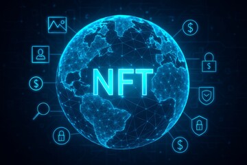 Digital globe with NFT text and blockchain-related icons in neon blue representing modern internet technology and cryptocurrency concept worldwide. Ai generative