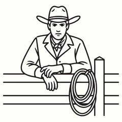 Cowboy on Fence Silhouette Western Icon for Ranching and Rodeo Themes - Line Art