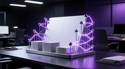 Blank presentation stage with glowing lines in a modern office setting