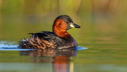 Cute little grebe swims peacefully in a glassy green pond under the warm glow of a bright sunny day
