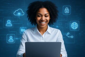 Smiling woman using laptop with digital cloud computing icons and blue neon interface on virtual background representing modern technology concept. Ai generative