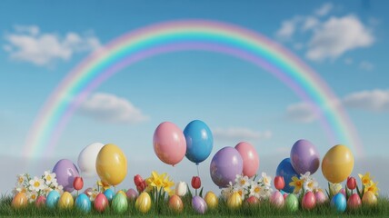 Colorful easter eggs and balloons under a vibrant rainbow sky
