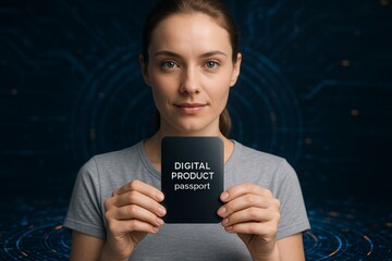 Young woman holding a digital product passport card, symbolizing secure identity verification in a futuristic digital environment concept.. Ai generative