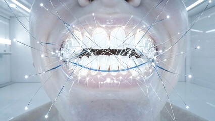 Closeup of a persons mouth with glowing teeth and futuristic connections