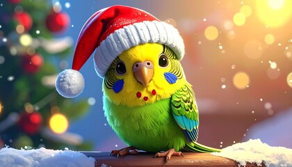 Cute parakeet wearing Santa hat with Christmas tree lights bokeh and snow falling