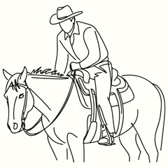 Elegant continuous line drawing of an equestrian cowboy gracefully riding his horse, perfect for themed projects and western-inspired designs