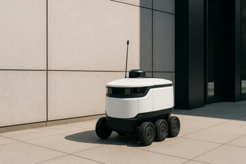Autonomous delivery robot on sidewalk beside modern building wall under sunlight, showcasing futuristic technology concept in urban environment. Ai generative