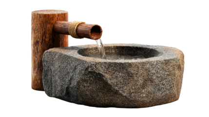 Stone basin with water flowing from bamboo pipe