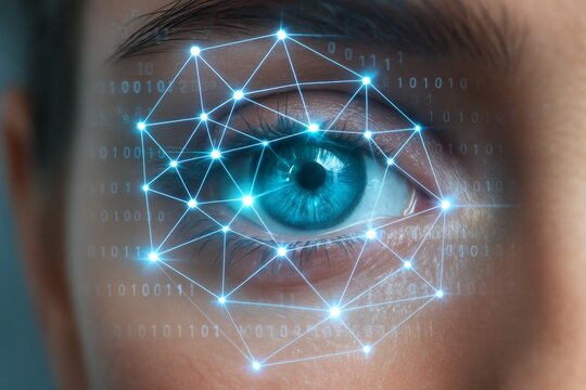 Close-up of human eye with digital biometric facial recognition interface and binary code, symbolizing security and identification technology concept. Ai generative