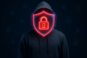 Cybersecurity technology concept with hooded figure and glowing red padlock shield symbolizing data protection and online security threat defense. Ai generative