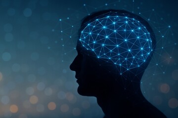 Human head silhouette with glowing neural network visualization symbolizing brain activity and artificial intelligence concept in digital technology style. Ai generative