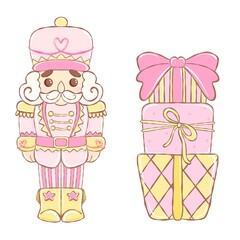 Cute Pink Pastel Nutcracker and Christmas Presents Illustration