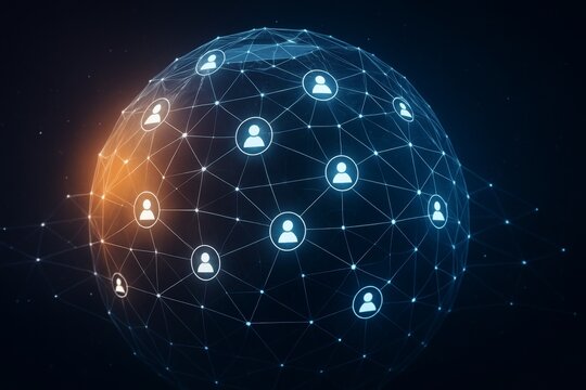 Digital globe with interconnected user icons symbolizing global network and communication technology concept on dark background with glowing nodes. Ai generative